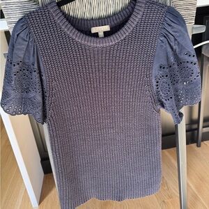 Elegant Blue Knit Top with Lace Sleeves